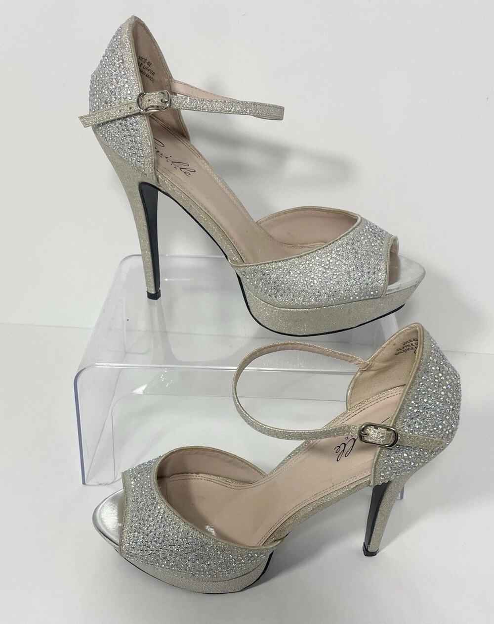 Camille LaVie Size 9 Platform Stiletto Heels Silver Sparkly Glitter Open Toe